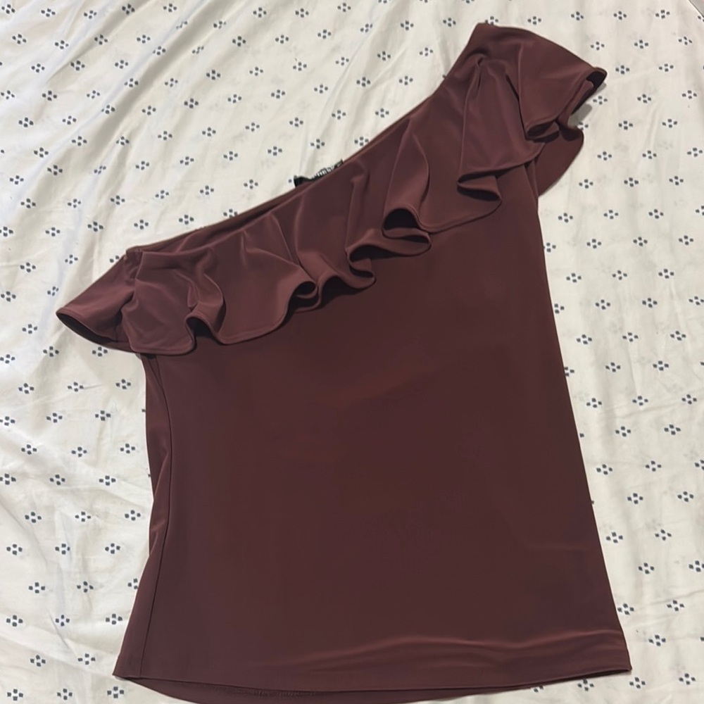 Express brown Asymmetrical Ruffled Sleeveless Blouse